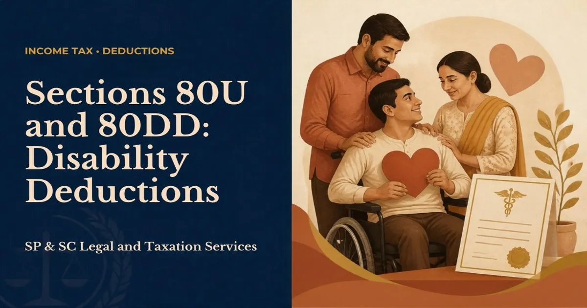 Cover for "Section 80U and 80DD": illustration of a caring family with a wheelchair user and a medical certificate