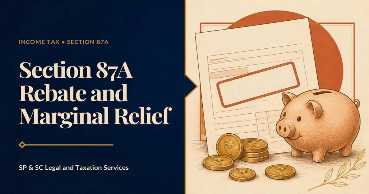 Cover for "Section 87A Rebate FY 2025-26": illustration of a tax return form, a piggy bank and rupee coins