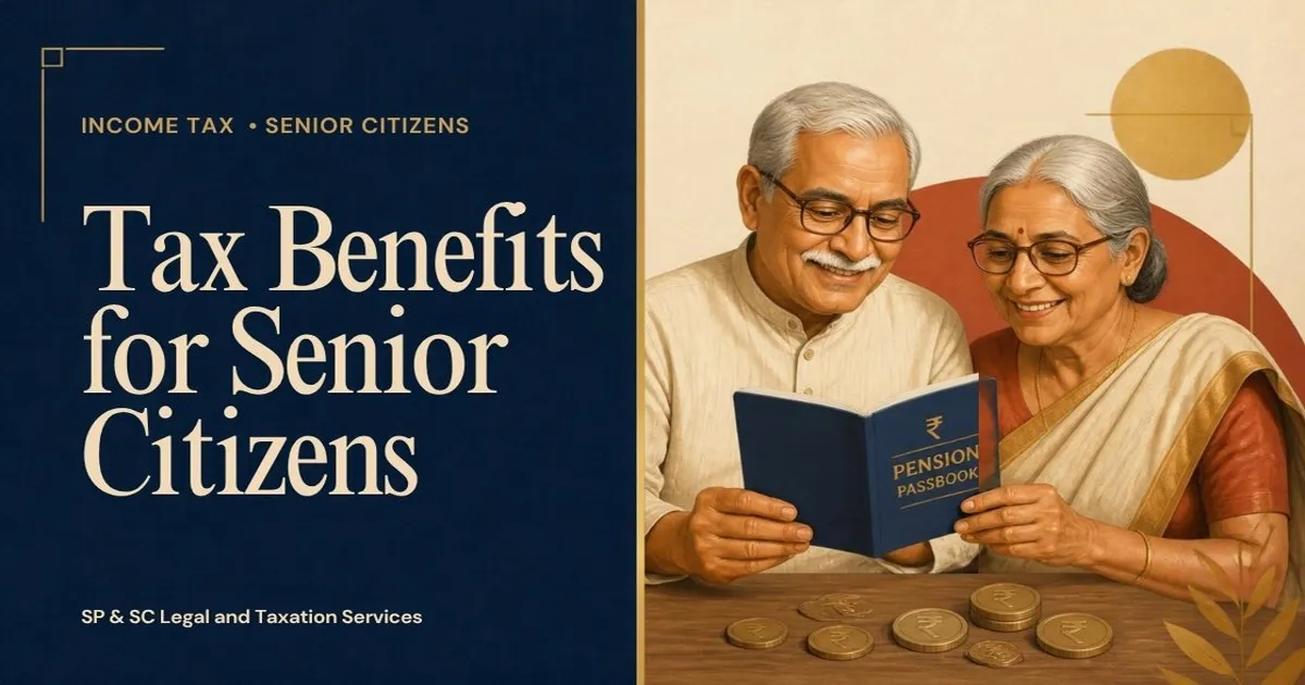 Cover for "Income Tax Benefits for Senior Citizens": illustration of an elderly Indian couple reading a pension passbook with rupee coins