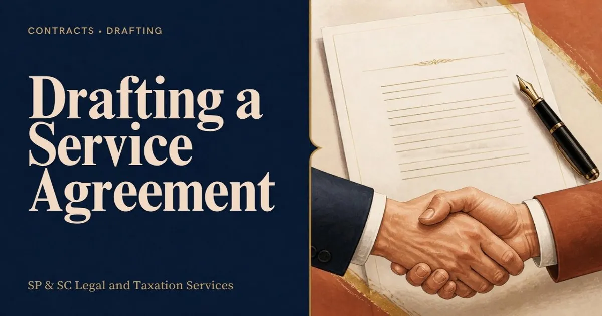 Cover for "Drafting a Service Agreement": illustration of a contract, a fountain pen and a handshake