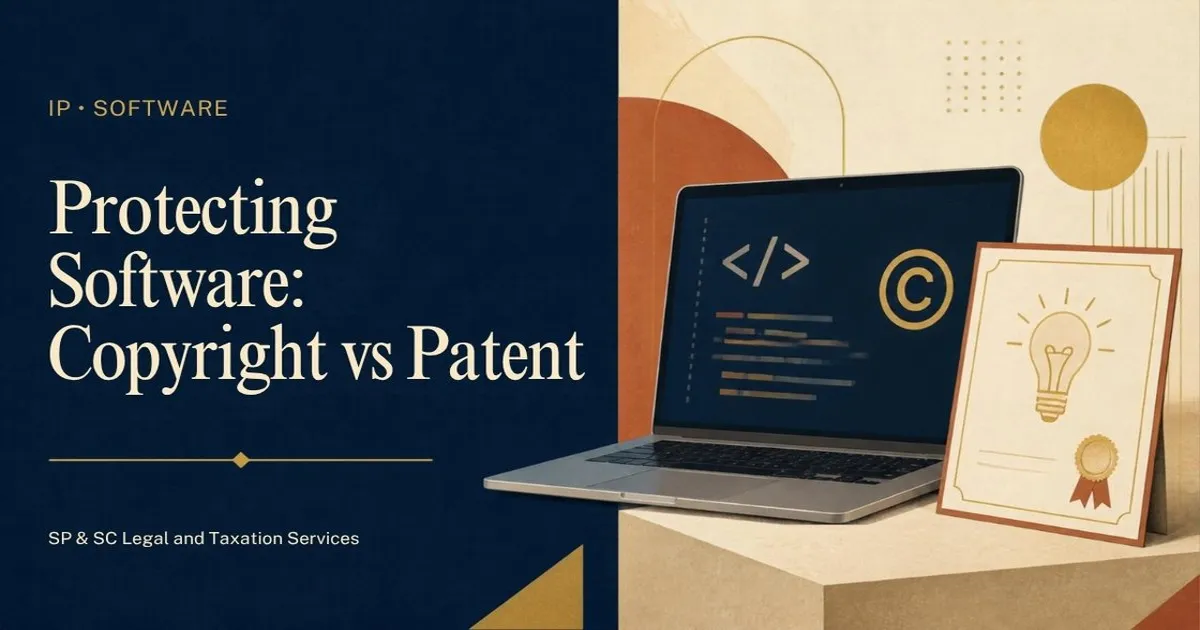 Cover for "Protecting Software: Copyright vs Patent": illustration of a laptop with code, a copyright symbol and a patent certificate