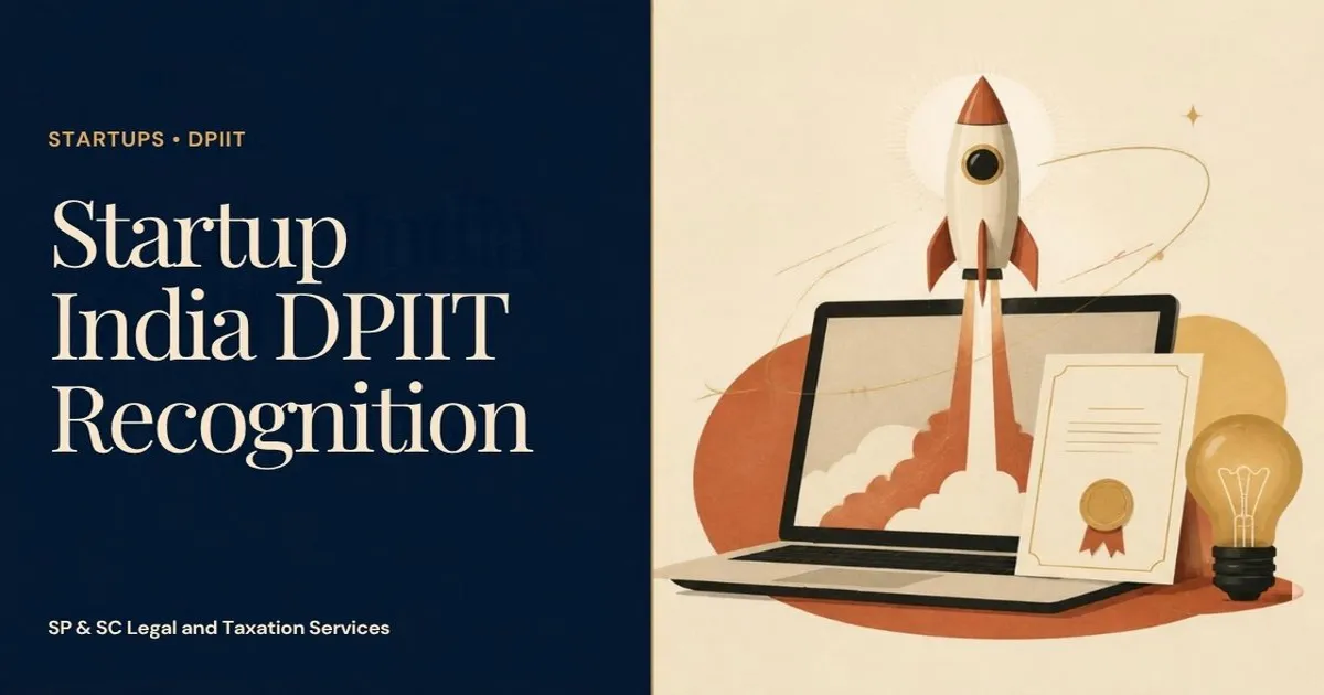 Cover for "Startup India (DPIIT) Recognition": illustration of a rocket launching from a laptop with a certificate and a lightbulb