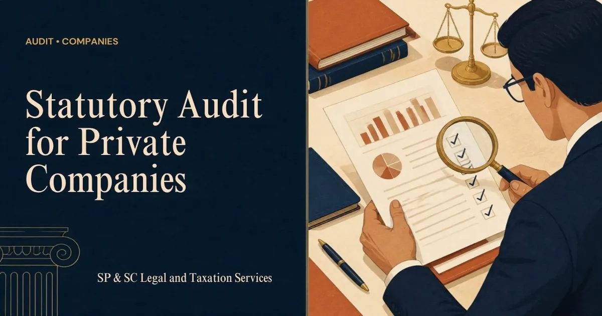 Cover: Statutory audit for private companies, auditor reviewing statements with a magnifying glass