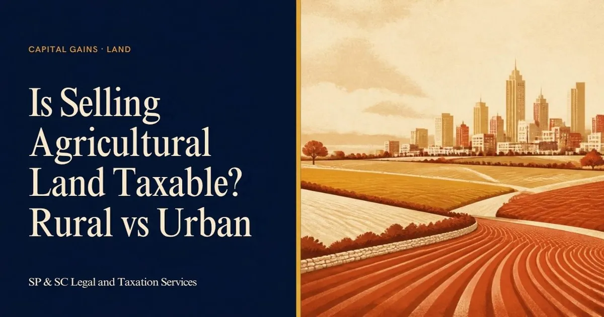 Cover: Tax on selling agricultural land, rural vs urban, farmland beside a city skyline