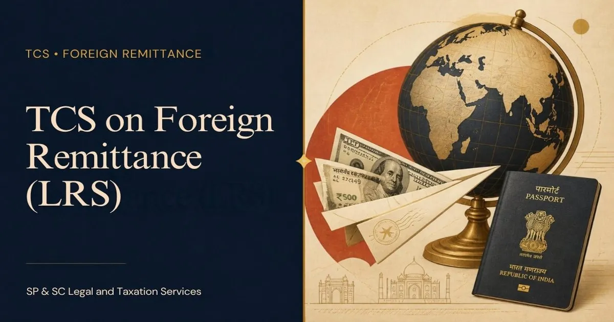 Cover for "TCS on Foreign Remittance Under LRS": illustration of a globe, a paper plane with rupee and dollar notes and an Indian passport