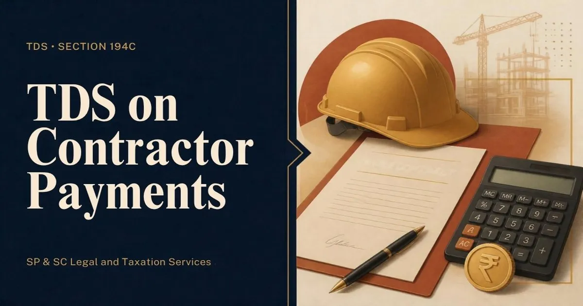 Cover for "TDS on Contractor Payments Under Section 194C": illustration of a hard hat, a work contract and a calculator
