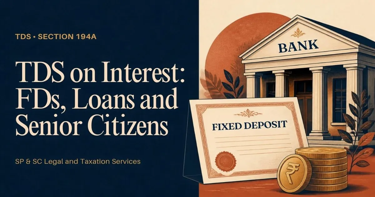 Cover: TDS on interest under Section 194A, bank building with fixed deposit certificate and coins