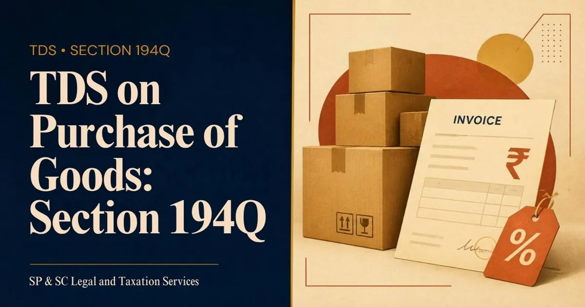 Cover for "TDS on Purchase of Goods under Section 194Q": illustration of stacked shipping boxes, a rupee invoice and a percentage tag