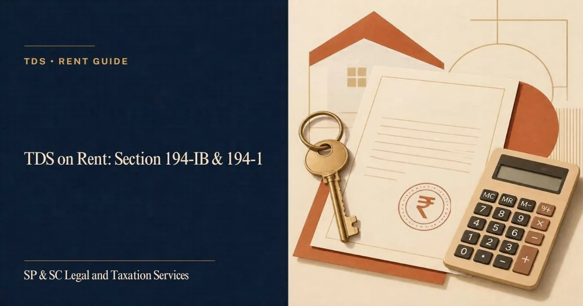 Cover for "TDS on Rent: Section 194-IB and 194-I": illustration of a house key, a rent agreement with a rupee stamp and a calculator