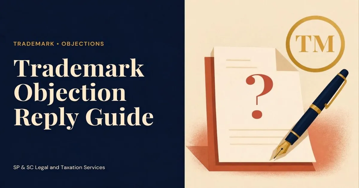 Cover for "Trademark Objection Reply": illustration of a TM symbol, a document with a question mark and a fountain pen