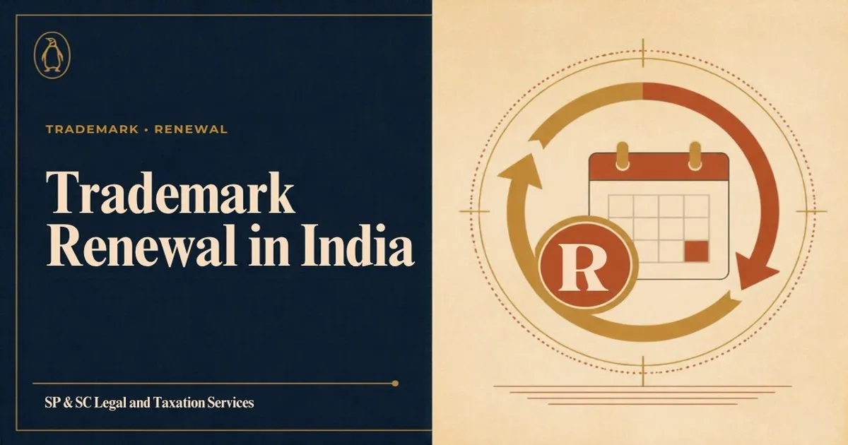 Cover: Trademark renewal in India, registered trademark symbol with renewal arrow and calendar