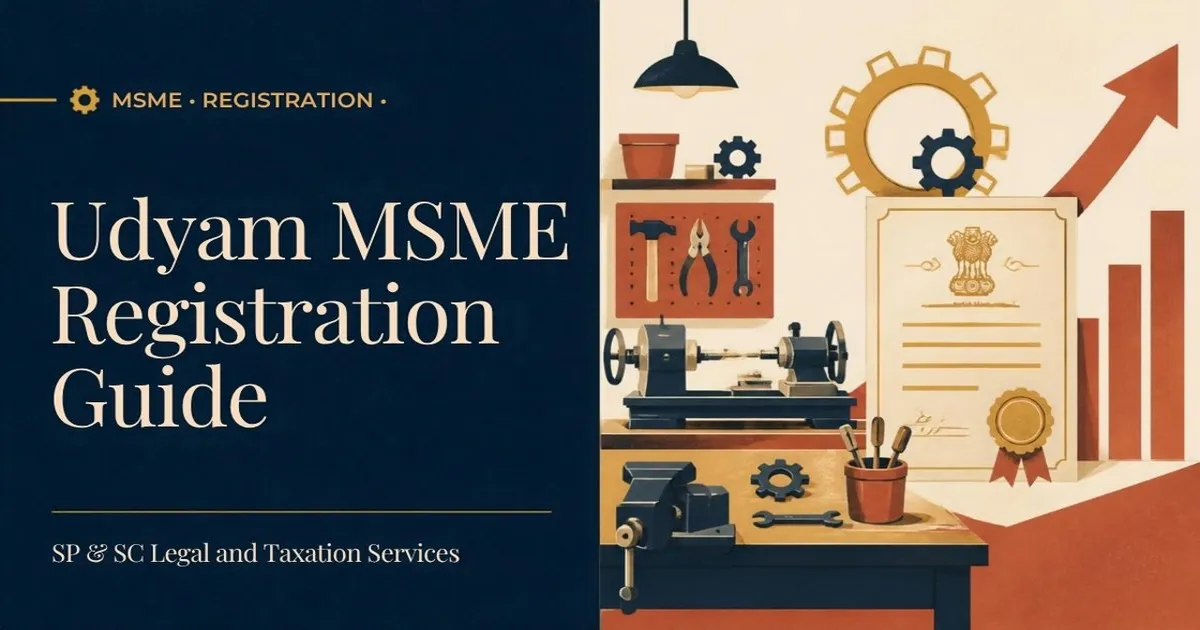 Cover for "Udyam (MSME) Registration": illustration of a small workshop with gears, a registration certificate with a seal and a growth chart